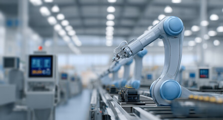 Aufkleber - A robotic arm operates efficiently in a transport facility, managing cargo on a conveyor belt. The environment features advanced navigation technology and tracking systems for seamless operations.