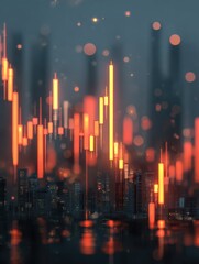 Poster - Abstract glowing big data forex candlestick chart on blurry city backdrop. Trade, technology, investment and analysis concept