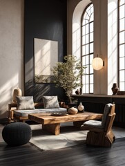 Poster - Stylish living room interior with minimalist furniture and decor. Mix of Japanese and Scandinavian minimalism composition