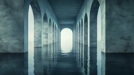 Poster - Arched Corridor of Tranquility: A tranquil architectural space, featuring an arched corridor with reflections, soft light, and a minimalist aesthetic. Captures the beauty and serenity.