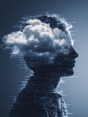 Poster - digital transformation concept with silhouette of a person, cloud computing, and data visualization 