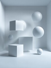 Poster - Minimalistic Abstract Geometric Composition with Floating White Shapes and Soft Shadows