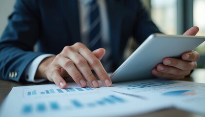 Poster - Businessperson reviews documents using. Man in suit examines charts, graphs, analyzing financial data, working in modern office. Digital tech, workflow, paperwork, task, report, strategy, management.