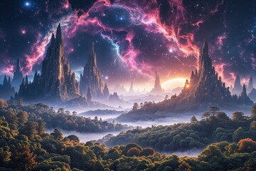 Wall Mural - Enchanted Cosmic Forest Scenery on a Futuristic Continent