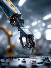 Poster - Robotic arm performing 3D metal printing in a futuristic workshop, high-tech workshop with robotic arms printing metal components, High-tech style