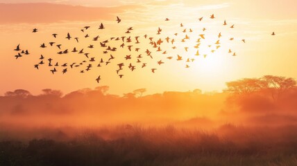 Aufkleber - A flock of birds soars through the misty landscape as the sun rises, casting a golden glow.