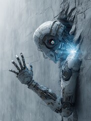 Poster - A robot is touching a wall in a futuristic environment, A futuristic interpretation of AI-powered online security measures