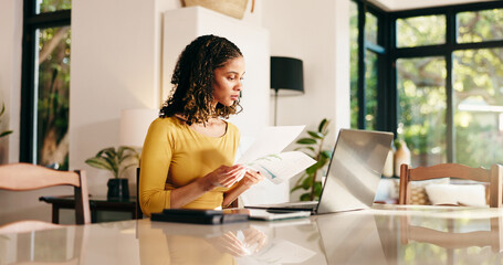 Poster - Woman, finance and home with documents or laptop for budget planning, review or analysis. Female person, freelancer or remote work with paperwork, computer or financial report for statistics at house