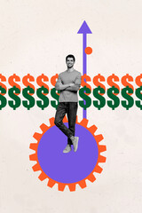 Aufkleber - Creative artwork template sketch image 3D collage of young man stand cogwheel success smile money dollars trade goal stats target success