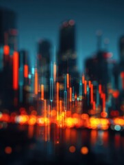 Poster - Abstract glowing big data forex candlestick chart on blurry city backdrop. Trade, technology, investment and analysis concept