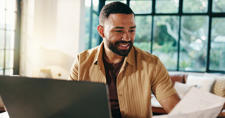 Poster - Laptop, freelancer and happy man with paperwork for financial results, budget or asset management. Document, hybrid work and person in home for savings, investment growth or reading report for profit