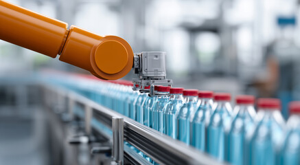 Aufkleber - A robotic arm is actively engaged in transporting bottles at a highly automated facility.