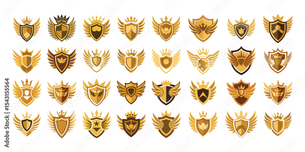 Premium Gold Winged Shield Emblems Vector Set Royal Badge Logos with ...