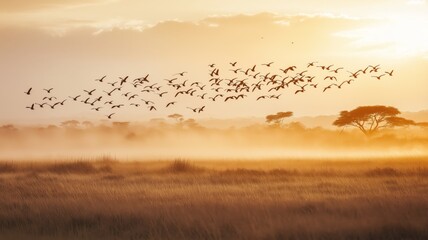 Aufkleber - Birds soar through misty air during a vibrant sunrise over a tranquil landscape.