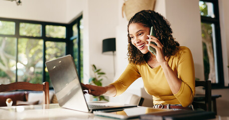 Poster - Woman, laptop and phone call for remote work from home with notes, proposal and happy with deal. Person, freelance writer and smartphone with contact for networking, review and feedback at apartment