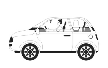 Poster - European couple driving in compact car 2D line characters. Road trip, travel. Man driver, woman sitting in passenger seat isolated vector ink outline people. Monochromatic spot illustration