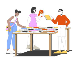 Aufkleber - Diverse bookstore visitors browsing books on display table 2D cartoon characters. Bookshop students selecting novels on bookfair flat vector people isolated on white. Spot illustration colorful