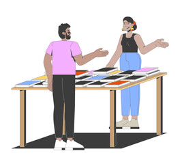 Aufkleber - Two diverse people conversing at bookfair table 2D cartoon characters. Hindu woman at bookstore selling books to black man visitor flat vector people isolated on white. Spot illustration colorful
