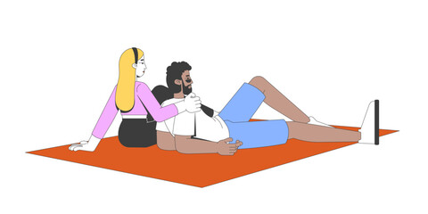 Aufkleber - Diverse couple relaxing on picnic blanket 2D cartoon characters. Laidback blonde woman embracing black man affectionately on mat flat vector people isolated on white. Spot illustration colorful