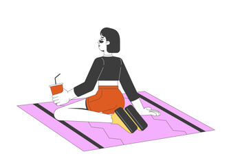Poster - Trendy gen z chinese girl sitting on knees on patterned mat 2D cartoon character. Summer mood woman sipping refreshment drink straw flat vector person isolated on white. Spot illustration colorful