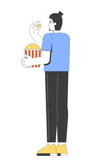 Poster - Caucasian topknot man standing and eating popcorn 2D cartoon character. Upright pose european male enjoying snack from striped bucket flat vector person isolated on white. Spot illustration colorful