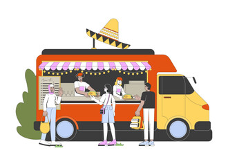 Aufkleber - Crowded mexican food truck with tacos handoff 2D cartoon characters. Friendly vendors serving cultural meal to diverse customers flat vector people isolated on white. Spot illustration colorful