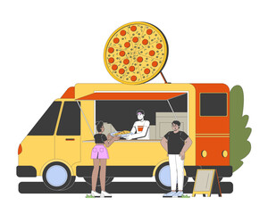 Aufkleber - Pizza food truck with customers 2D cartoon characters. Female customer receiving pepperoni slice from mobile pizzeria vendor flat vector people isolated on white. Spot illustration colorful