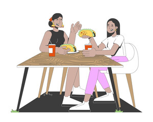 Aufkleber - Diverse girls friends enjoying tacos and drinks at wooden table 2D cartoon characters. Friendly mealtime outdoors. Girlfriends lunch flat vector people isolated on white. Spot illustration colorful