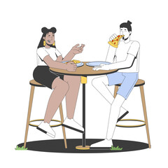 Aufkleber - Gen z couple sharing pizza at outdoor table 2D cartoon characters. Multicultural friends laughing, eating pepperoni slices on date flat vector people isolated on white. Spot illustration colorful