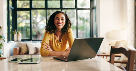 Poster - Woman, arms crossed and laptop for remote work from home with smile, portrait and freelance job. Person, writer and virtual assistant with computer, tech and pride for career at apartment in Brazil
