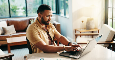 Poster - Laptop, typing and serious man in home office for remote work, finance and audit analysis. Computer, freelancer and reading email online for accounting, bookkeeping and problem solving for budget