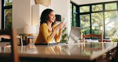 Poster - Woman, texting and phone for remote work from home with mobile app, email or deal for booking. Person, virtual assistant and smartphone with contact for networking, smile and feedback at apartment