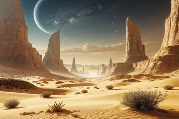Wall Mural - Luminous Desert Landscape of a Futuristic Extraterrestrial Civilization