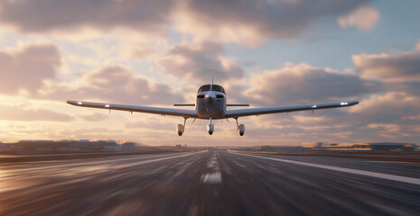 Poster - A cargo transport aircraft equipped with autopilot technology lifts off from the runway during a vibrant sunset.