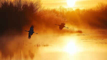 Poster - Two cranes soar gracefully over a calm river, illuminated by a stunning sunrise.