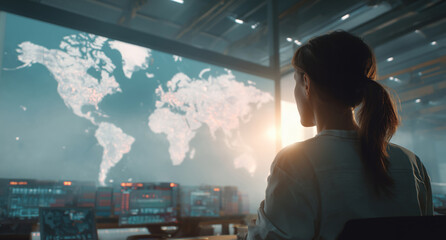 Poster - A person observes a large digital map on a screen, tracking cargo transport logistics. The control center is well-equipped with technology to enhance navigation and efficiency.