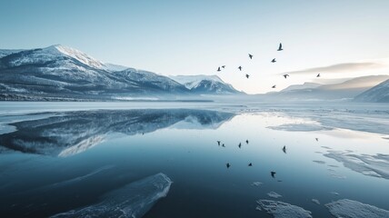 Poster - Snow-covered mountains reflect in still water as birds fly above the icy lake at dawn.