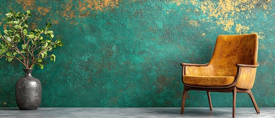 Poster - Cozy Armchair Against a Textured Green and Gold Wall