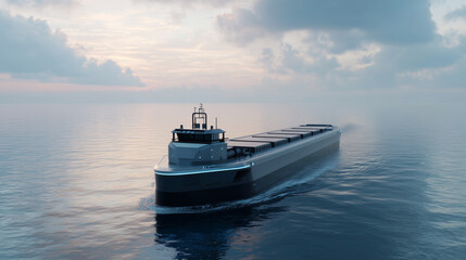 Poster - A cutting-edge cargo ship navigates smoothly across calm waters during early morning, demonstrating the efficiency of autopilot technology and advanced navigation systems in maritime logistics.