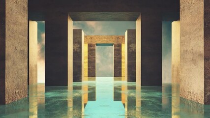 Aufkleber - Architectural Serenity: A captivating architectural visualization, showcasing an open pathway between pillars that frames a serene pool.