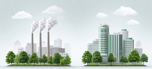 Poster - Illustration contrasts eco-friendly industry with pollution-producing equipment, showcasing smokestacks emitting smoke on one side and green buildings surrounded by trees on the other side.