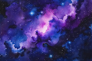 Wall Mural - galactic watercolor nebula: vibrant purples and blues with starry highlights
