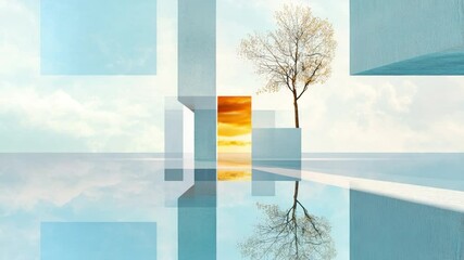 Aufkleber - Nature's Reflection: A solitary tree, its silhouette mirrored in serene waters, stands framed within a modern architectural design, evoking a sense of balance and tranquility.