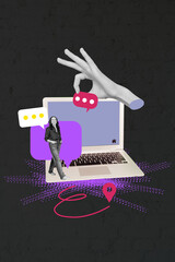 Aufkleber - Creative design composite trend artwork collage of hand hold speech text bubble online message note texting aged woman walk laptop keypad