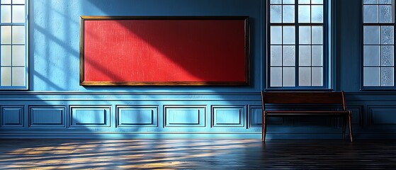 Poster - Bright Blue Room with Red Wall and Wooden Bench in Cinematic Style