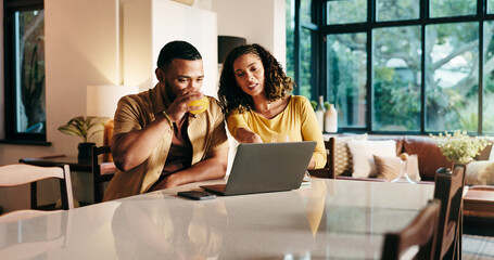 Poster - Pointing, woman and couple with laptop, home and planning for trip with tech, bonding and apartment. Online, booking and people with app for hotel reservation, review and choice on social media