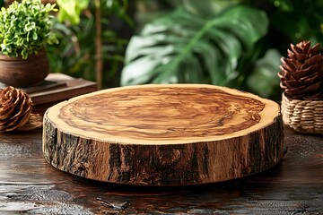 Poster - Rustic Wood Circle Pedestal Display in Lush Tropical Forest Setting