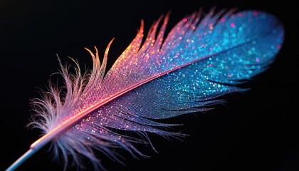 Poster - Vibrant iridescent feather with colourful glitter isolated on black background. Rainbow gradient colours, sparkle texture. Art, design, digital art for decoration, fashion, beauty.