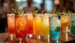 © Maryna - Variety of colorful refreshing non-alcoholic cocktails with ice cubes, mint. Trendy mocktails for party, social events. Festive drinks for alternative choice. Mocktail options, bar drinks, summer