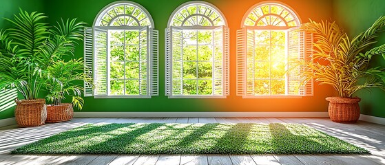 Poster - Cozy Green Interior with Large Windows Emitting Warm Natural Light